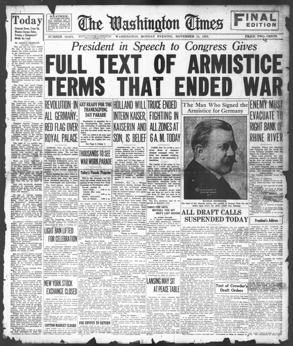 The Washington Times front page, November 11, 1918, with the armistice terms