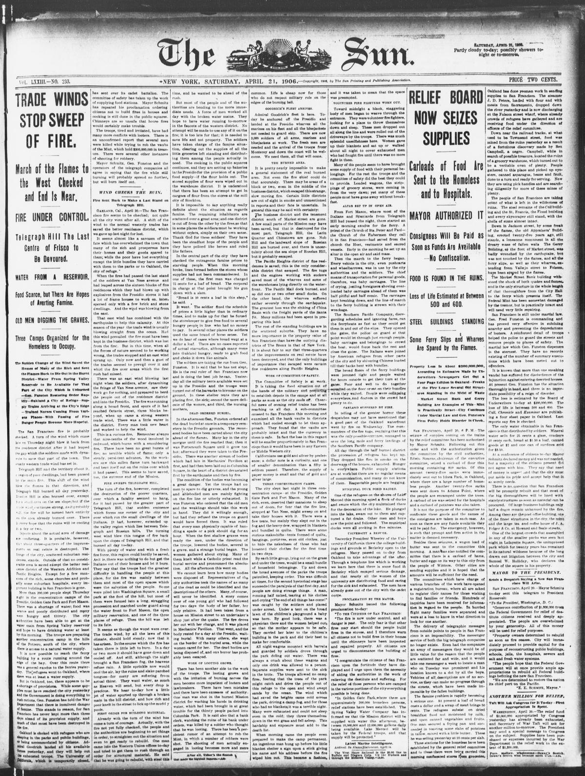 The Sun front page, April 21, 1906, reporting the San Francisco earthquake