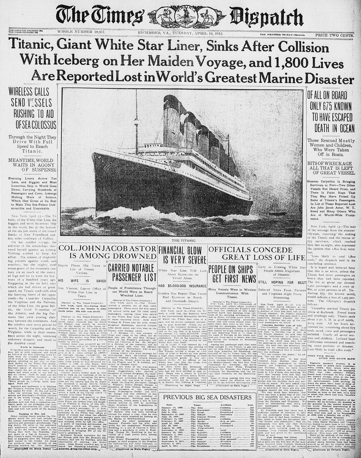 The Times Dispatch front page, April 16, 1912, reporting the Titanic disaster