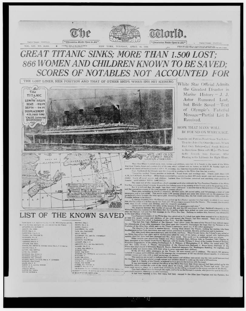 The World front page, April 16, 1912, photographed in the Library of Congress collection